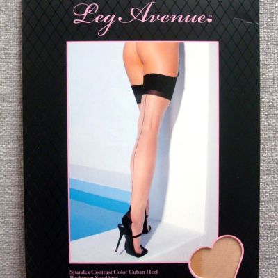 CLASSIC SPANDEX SHEER NUDE BLACK CUBAN HEEL THIGH HIGH STOCKINGS LEG AVENUE NEW